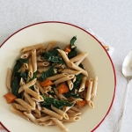 Sweet potato, kale and walnut pasta