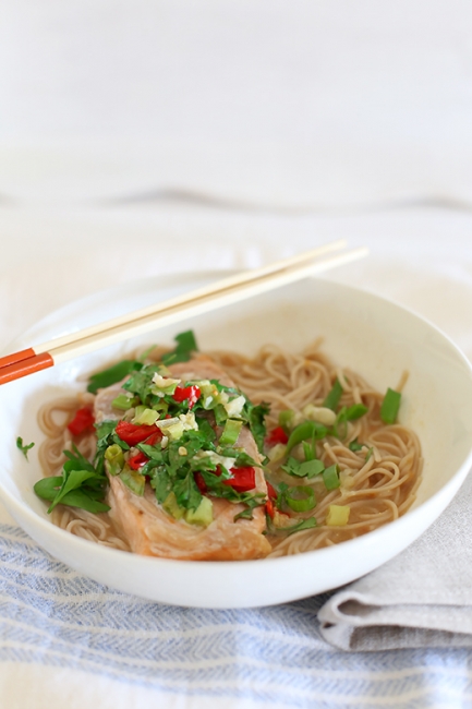 Salmon en Papillote with chilli, lemon, herbs & ginger and miso soba noodles l a splash of vanilla