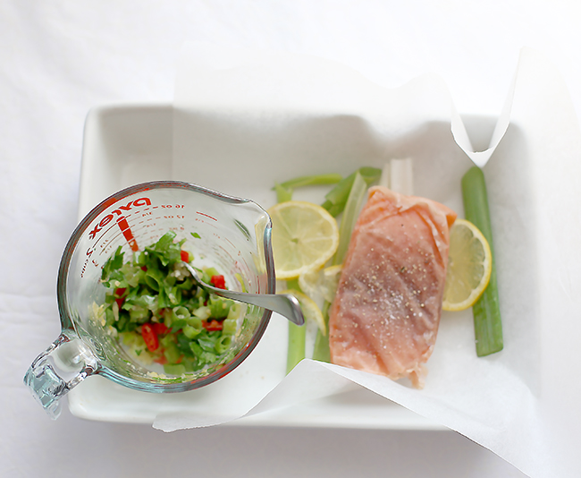 Salmon en Papillote with chilli, lemon, herbs & ginger and miso soba noodles l a splash of vanilla