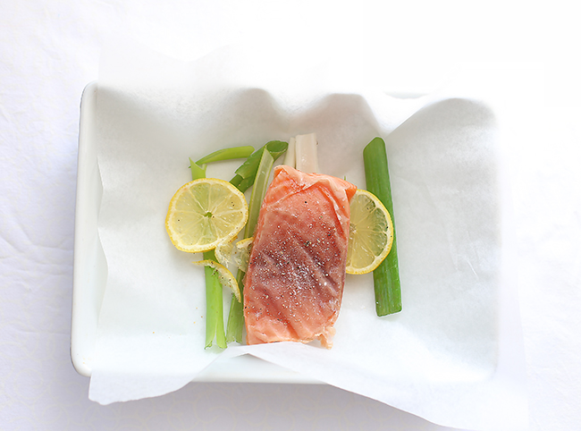 Salmon en Papillote with chilli, lemon, herbs & ginger and miso soba noodles l a splash of vanilla