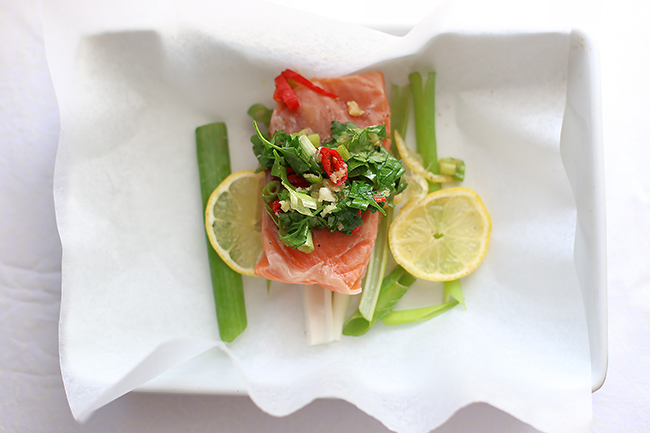Salmon en Papillote with chilli, lemon, herbs & ginger and miso soba noodles l a splash of vanilla