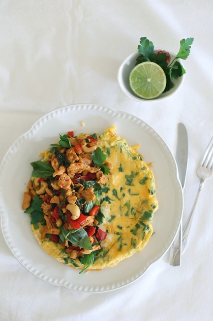 Stir fried chilli basil chicken & cashew omelet l a splash of vanilla