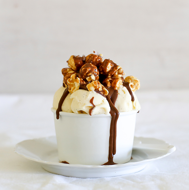 Caramel chocolate popcorn sundae l a splash of vanilla