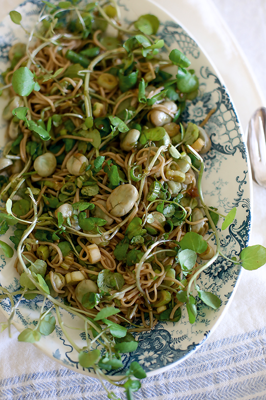 Spicy cold noodle salad with watercress & fava beans (broad beans) l a splash of vanilla