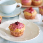 Mixed berry and lemon muffins with berry icing