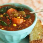 Lentil, vegetable, rice and tomato soup with kale