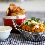 Sweet potato hummus with tzatziki and spicy pita chips