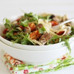 Linguine with lemon and garlic flavoured mushrooms, oven roasted cherry tomatoes and rocket