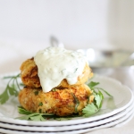 Spicy sweet potato cakes with herb and lemon tzatziki