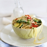 Spring spaghetti with zucchini, cherry tomatoes & peas