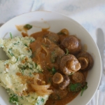 Mushroom stroganoff with sour cream herb mash